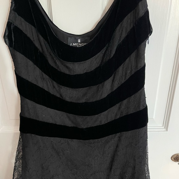 Vintage J Mendel cocktail dress with velvet stripes, lace overlay and fur trim. - Picture 1 of 5